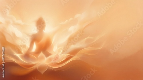 Soft ethereal Buddha Purnima background with blurred silhouette of Buddha in clouds. Abstract spiritual light and golden mist for Vesak Day, peace and meditation concept.