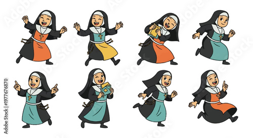 Cartoon nuns in various poses for religious and conceptual projects