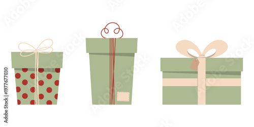 Green gift box set vector illustration, wrapped presents collection festive packaging elements