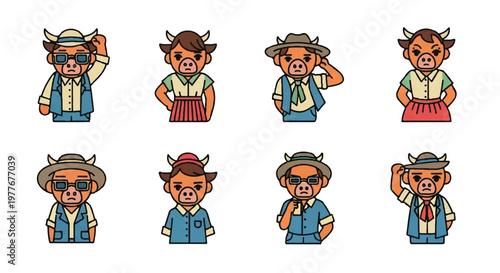 Cartoon cattle characters in various outfits isolated
