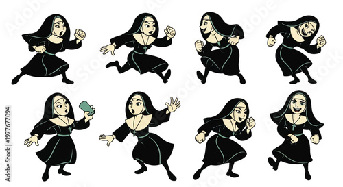 Cartoon nun character poses set isolated