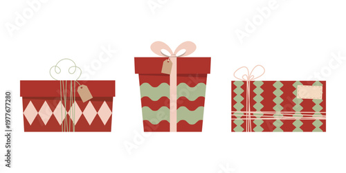 Red gift box set vector illustration, wrapped presents collection with ribbon and patterns