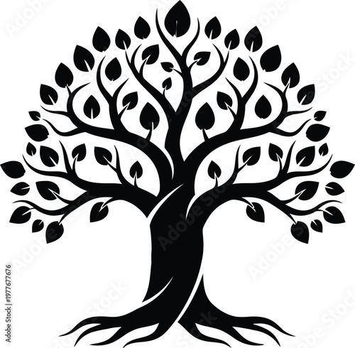 A black silhouette of a tree with roots and leaves on a white background