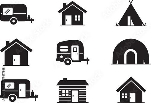 Camping icons house trailer tent symbols.