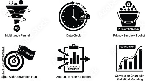 Vector silhouette set of privacy safe attribution icons featuring anonymized funnel, data clock, privacy sandbox tokens and aggregate report