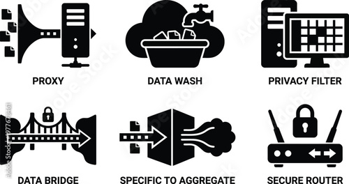 Vector silhouette set of privacy proxy icons featuring data funnel middle server, data wash basin, filter screen and secure bridge