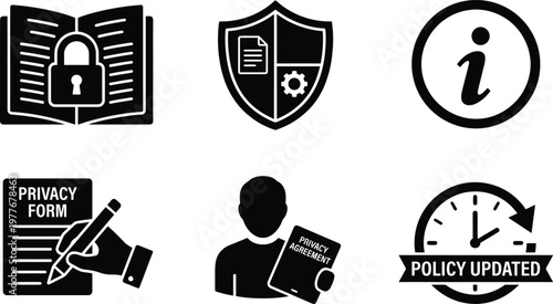 Vector silhouette set of privacy policy icons featuring locked legal document, shield policy, writing, user reading agreement and updated clock