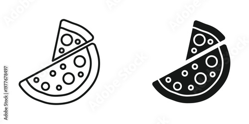 Two stylized slices of pizza with different toppings and colors