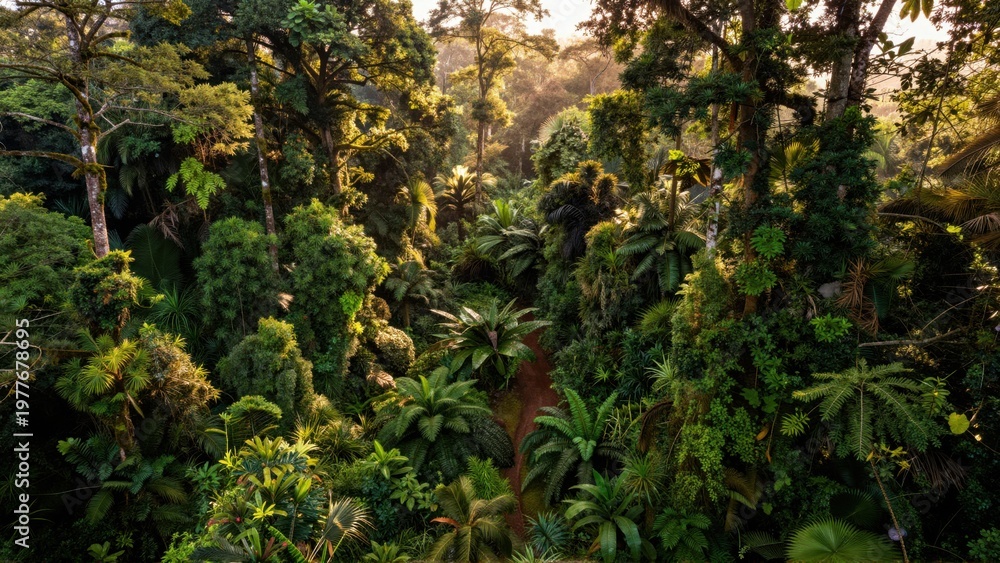 Obraz premium Tropical forest canopy showing dense vegetation overhead