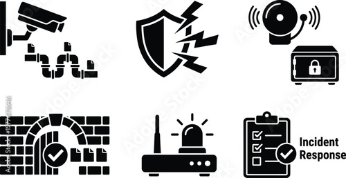 Vector silhouette set of intrusion detection icons featuring security camera watching data, blocking shield, alarm bell and incident response checklist