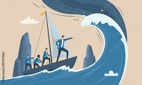 Courage mountain peak risk taker concept, businessman captain point finger to lead team sailing boat to survive wave storm