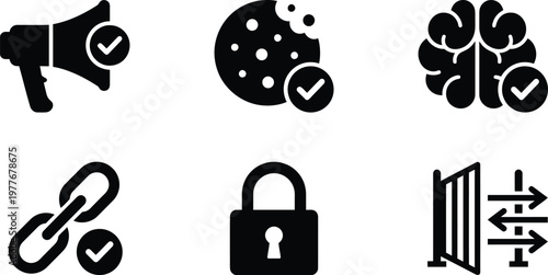 Vector silhouette set of granular consent icons featuring marketing megaphone, tracking cookie, profiling brain, third-party link and necessary lock