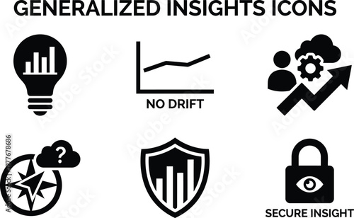 Vector silhouette set of generalized insights icons featuring lightbulb chart, trend line, group arrow, anonymized data compass and secure padlock