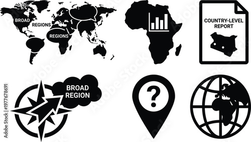 Vector silhouette set of geographic insights icons featuring world map regional bubbles, country report and anonymized location pin
