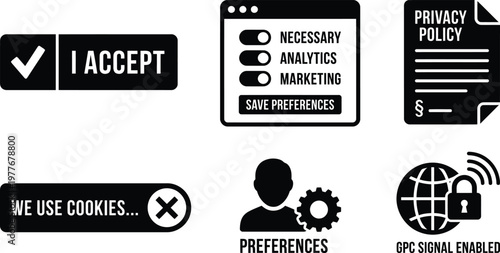 Vector silhouette set of consent banner icons featuring accept button, privacy preference toggle, document and GPC signal