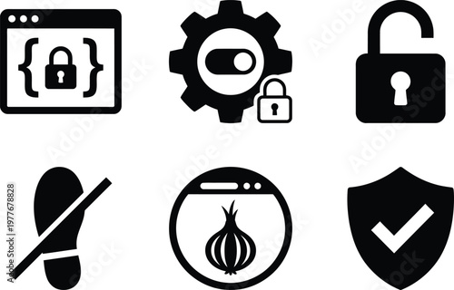 Vector silhouette set of client side privacy icons featuring browser console lock, setting gear toggle, transparency padlock and do not track footstep