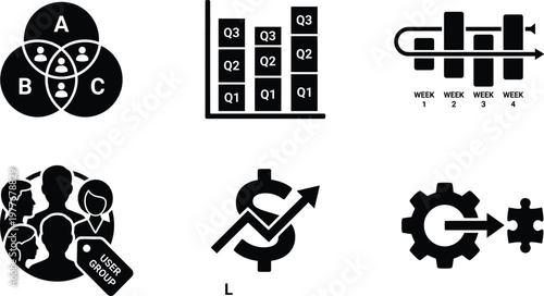 Vector silhouette set of cohort analysis icons featuring anonymized venn diagram, stacked bar chart, group timeline and LTV segment