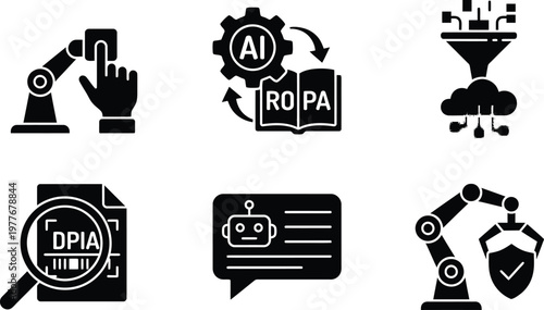 Vector silhouette set of automated compliance icons featuring robot hand consent, AI ROPA management, machine learning anonymizer, and DPIA scanner