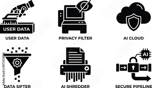 Vector silhouette set of AI powered anonymization icons featuring robot hand washing data, privacy filter machine, secure cloud and AI data shredder