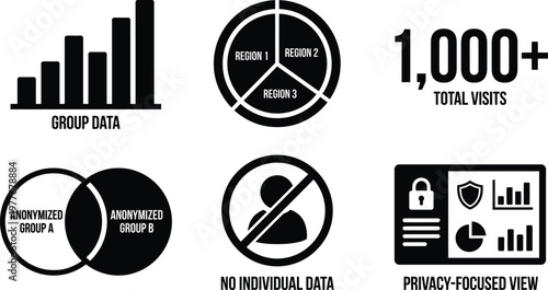 Vector silhouette set of aggregate level reporting icons featuring group data chart, region pie chart, total visits and no individual data symbol