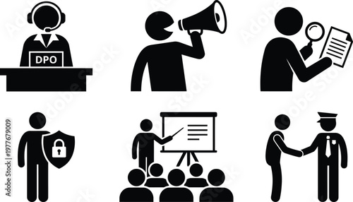 Vector silhouette set of 6 Data Protection Officer DPO icons featuring support headset awareness megaphone and compliance monitoring magnifying glass