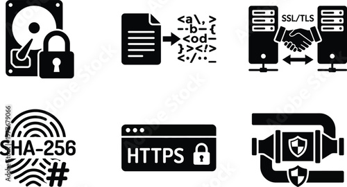 Vector silhouette set of 6 data encryption icons featuring padlock on hard drive, SSL TLS handshake, HTTPS browser and SHA-256 hash symbol
