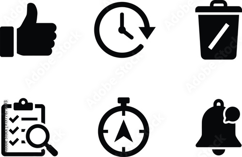 Vector silhouette set of 6 consent lifecycle icons featuring grant consent thumbs up, renew clock, withdraw trash can, audit clipboard and policy update bell