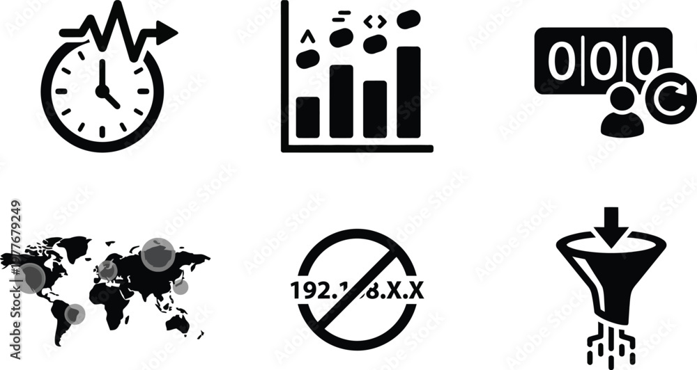 Fototapeta premium Vector silhouette set of real time anonymized icons featuring live clock, chart, visitors counter, world map and no individual ip address