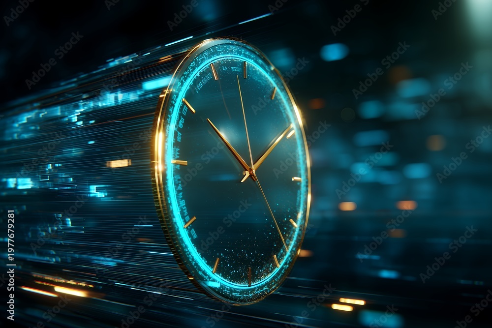 Fototapeta premium Futuristic golden analog clock moving through high speed digital data blue light tunnel background, concept for efficient time management, digital transformation and fast business deadlines