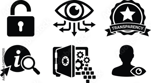 Vector silhouette set of transparency features icons featuring open padlock, data eye, star badge, information track and view my data profile