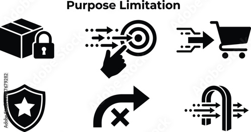 Vector silhouette set of purpose limitation icons featuring marketing only box, data stream target, specific use case and no repurposing arrow