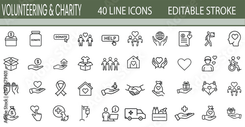 Volunteering and charity line icons set featuring donation box money jar helping hands heart in house and medical ambulance more vector illustration with editable stroke.