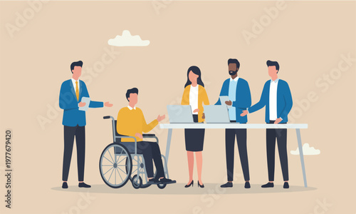 Diversity teams together HR officer offering job for new disabled candidate on the wheelchair be permanent employee