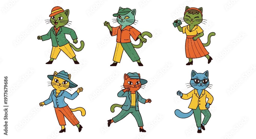 Fototapeta premium Cartoon cats in various outfits posing on white background