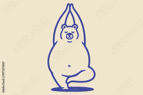 Minimalist Blue Ink Chubby Bear Doing Yoga, Funny Whimsical Hand Drawn Vector