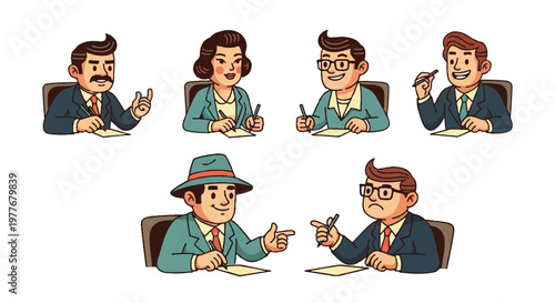 Group of professionals in business attire at conference table cartoon illustration