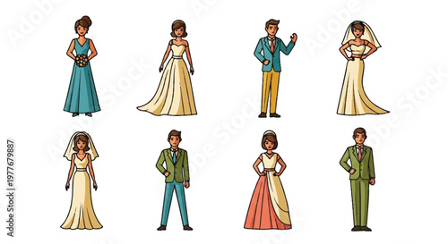 Diverse cartoon people wedding celebration illustrations isolated