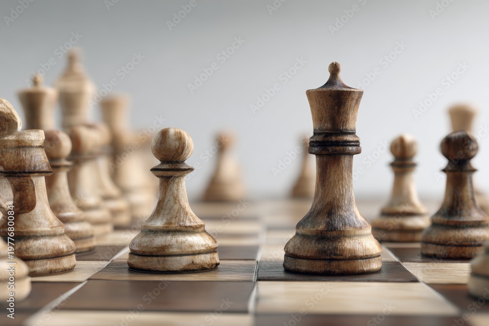 Fototapeta premium Chess Board With Pieces Arranged for a Game on a Neutral Background in High Resolution