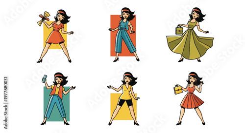 Woman in various outfits posing isolated vector illustration set