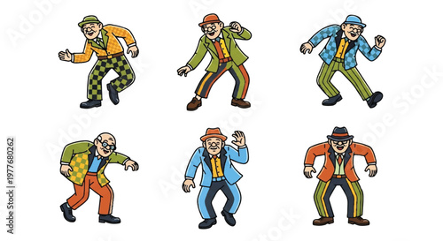 Cartoon characters in colorful outfits posed on white background