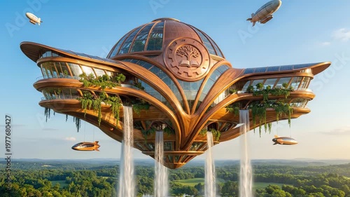Futuristic flying steampunk city with glass domes and waterfalls soaring over a green forest landscape with airships