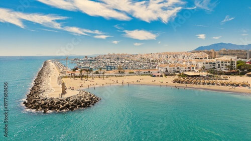 Bild auf Leinwand Puerto Banús marina aerial view, Marbella coastal harbor and beach, Costa del So