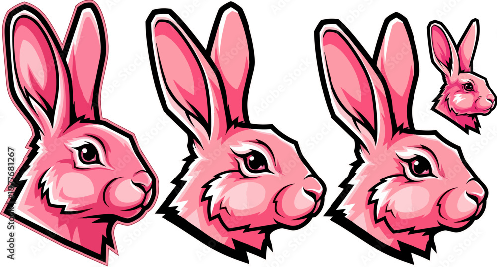 Fototapeta premium Pink rabbit heads, cartoon bunny faces, pink mammals, vector icons, set of 4