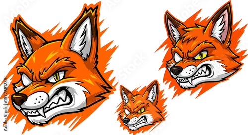 Cartoon fox heads, orange, vector illustrations, graphic elements, emotive expressions