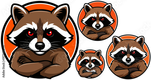 Raccoon icons, racoon logo set, cute racoons, animal emblems, brown wildlife symbols