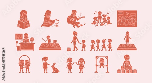 Kindergarten Activities Vector Illustration Set with Children and Teacher in Preschool Classroom