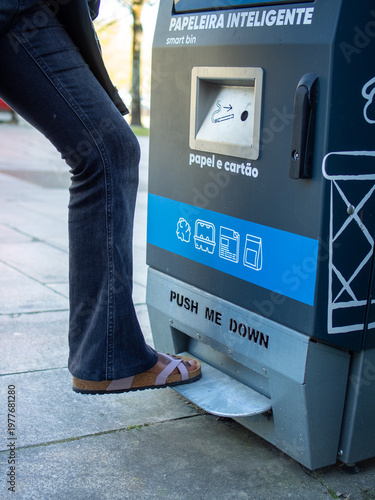 Modern Smart Recycling Bin in Portugal Featuring Foot Pedal Operation for Hygienic Waste Disposal