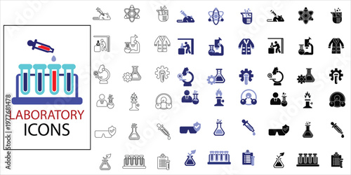 laboratory icons set. experiment, beaker, biology, flask, laboratory, science, pipette and more. simple complete vector illustration