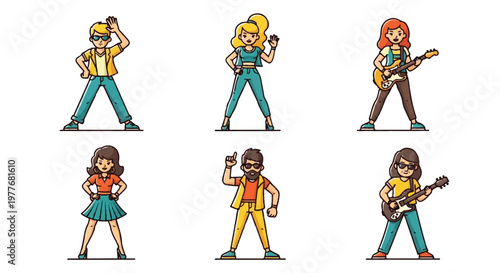 Stylized cartoon characters in various poses on white background