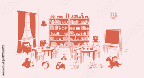 Cozy Kindergarten Classroom Illustration with Toys Tables Bookshelf and Chalkboard in Orange Tones